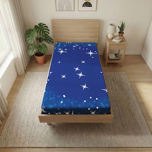 Starry Night Sky Twin Flat Sheet | Blue Sparkling Stars Bedding