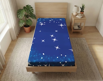 Starry Night Sky Twin Flat Sheet | Blue Sparkling Stars Bedding