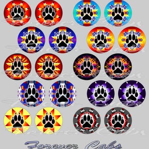 May include: A collection of round cabochons with a paw print design. Each cabochon features a black paw print on a colorful background with Native American-inspired patterns. The backgrounds include red, blue, yellow, and purple hues.