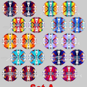 May include: A collection of twenty-one round, colorful designs with geometric patterns. Each design features a central motif with a mix of colors, including red, blue, orange, and white. The text "Set A" is displayed in red at the bottom.
