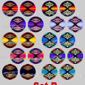 May include: A collection of oval-shaped designs with vibrant, colorful patterns. Each design features a central geometric motif in shades of red, orange, yellow, blue, and green, set against a gradient background. The text "Set B" is displayed in red at the bottom.
