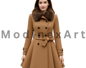 May include: A tan double-breasted coat with a faux fur collar and a matching belt. The coat has black buttons and a flared skirt. The text "ModinexArt" is visible on the left side of the image.