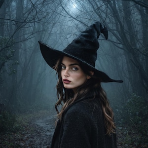 May include: A tall, pointed black hat with a wide, slightly curved brim. The hat is constructed from a dark, textured material and features a distinct conical crown that bends slightly at the top, worn over long, wavy brown hair.
