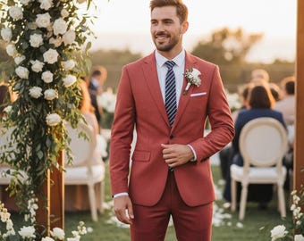 Men Red Slim Fit Suit 2 Piece Set, One Button Blazer Pants Set, Wedding Suit for Men, Prom Outfit, Groom Suit, Business Formal Suit
