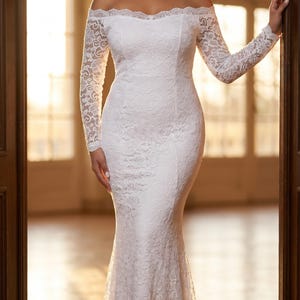 Lace Wedding Dress, Off-Shoulder Mermaid Gown with Long Sleeves