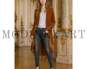May include: A long-sleeved, burnt orange velvet duster jacket with a high-low hemline, worn over a white button-down shirt and dark gray denim jeans. The outfit is completed with black high-heeled pumps.