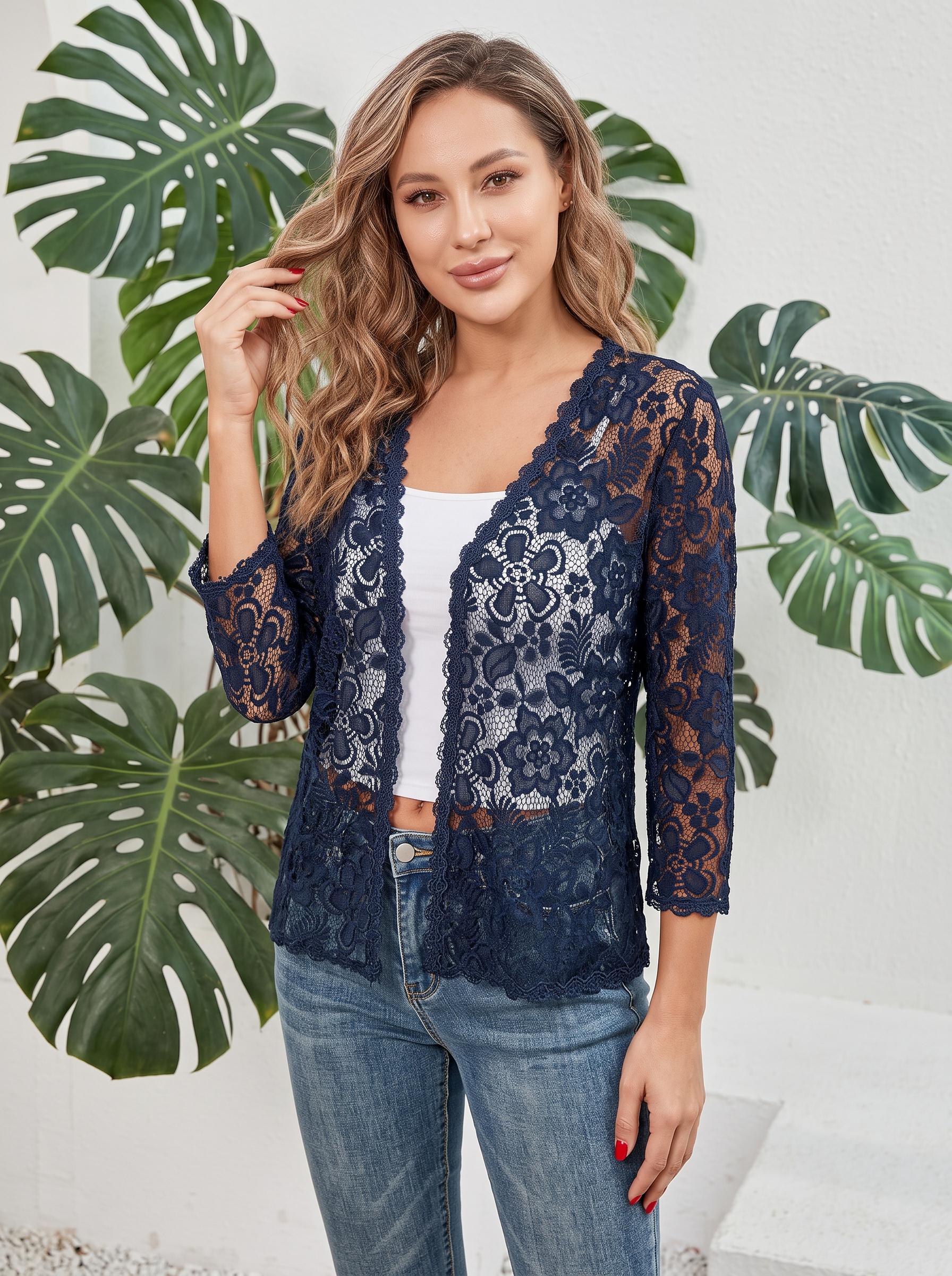 Crochet Lace Bolero Shrug for Women, 3/4 Sleeve Open Front Cardigan, Floral Lace Cover Up, Lightweight Summer Kimono