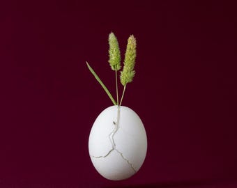 gesprungenes Ei mit grünen Stielen Kunstdruck | Surreale minimalistische Fotografie | Natur Wiedergeburt Symbol | Moderne Wanddekoration