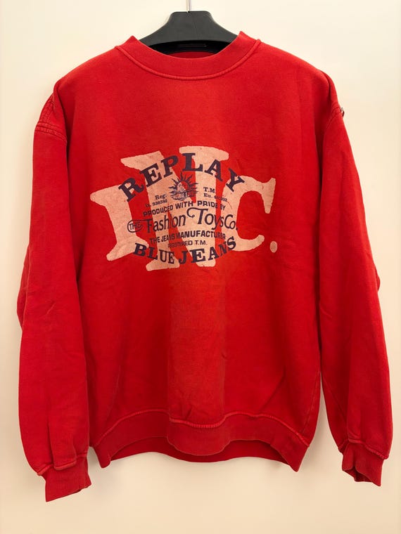 Replay, Vintage 90s Replay & Sons Blue Jeans Sweatshirt Made in Italy Red Graphic Crewneck Size VIII, Retro Oversized Boxy Heavyweight Cotton