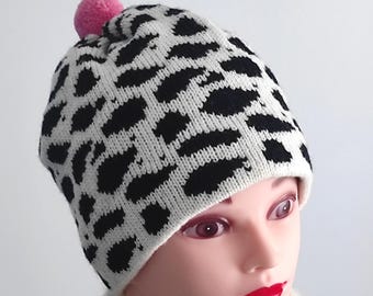 Gorro de lana con pompón, gorro con estampado de animales, sin forro, regalo para mujer.