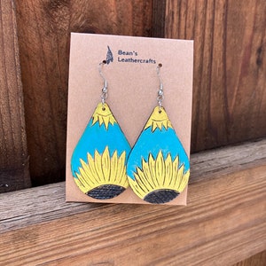 Leather Earrings Hand Tooled Hand Painted Sunflowers