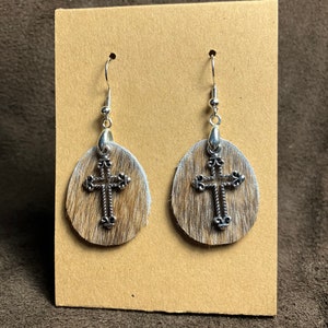 Leather Earrings Hair On Genuine Cowhide with cross