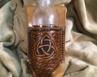 Rustic Hand Carved Leather Beer/Soda Can holster - hand made Brown Celtic Knot Design2