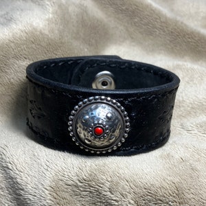 Leather Cuff Bracelet Hand Carved Black Design Suede Lined