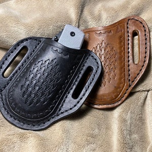 Knife Holster For larger Folding Pocket Knife Hand Stamped Design Brown/Black
