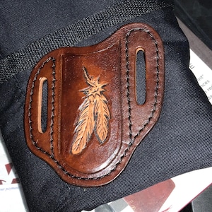 Holster For Folding Pocket Knife Hand Carved Feather Design