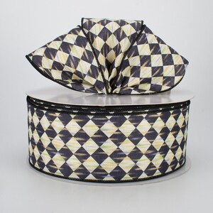 5 yards 2.5" wide wired Harlequin ribbon light canvas black off white court jester diamond check antiqued color streak
