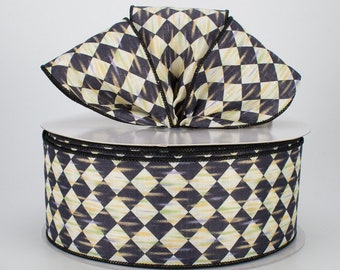 5 yards 2.5" wide wired Harlequin ribbon light canvas black off white court jester diamond check antiqued color streak