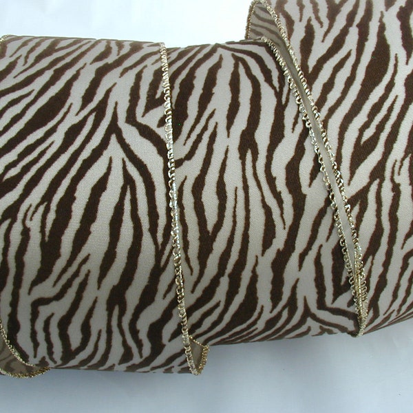 2.5" wired ribbon 5 yards dark brown raised flocked tiger zebra stripes on pale brown poly satin animal print wreath supplies bows