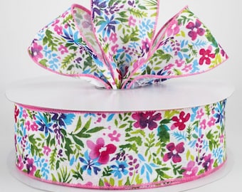50 yards full roll 2.5" wired ribbon pink blue fuchia violet watercolor flowers white linen texture canvas bow making