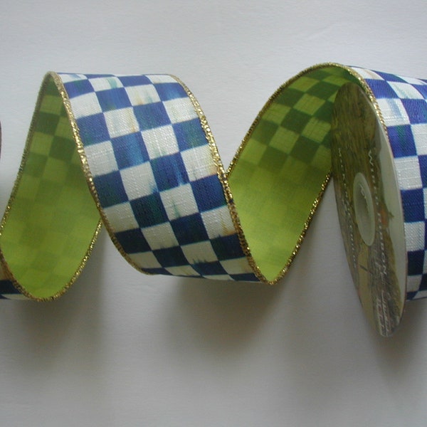 BTY MacKenzie Childs Royal Check 2" Wide Wired Ribbon 1 Yard BY The YARD Authentic Blue and White Check Chartreuse Back Wreath Supply Bows