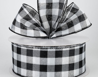 2.5" wide 50 yds wired ribbon Buffalo check plaid black and white farmhouse Light Weight canvas wreath bows DIY supply 50 yard roll