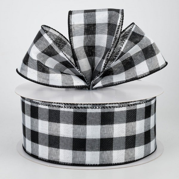 2.5" wide 50 yds wired ribbon Buffalo check plaid black and white farmhouse Light Weight canvas wreath bows DIY supply 50 yard roll
