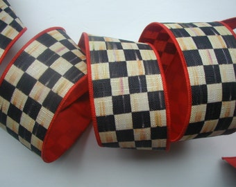 MacKenzie Childs Wired Ribbon 1 Yard BTY BY The YARD Courtly Check 2" Wide Authentic Black and White Check Red Back Wreath Supply Bows