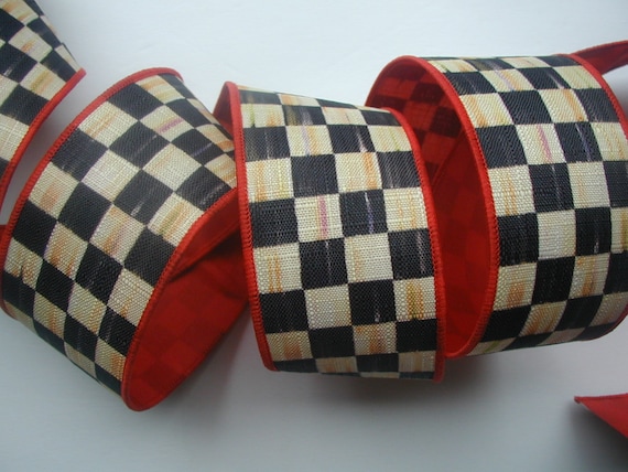 MacKenzie Childs Wired Ribbon 1 Yard BTY BY The YARD Courtly Check 2" Wide Authentic Black and White Check Red Back Wreath Supply Bows