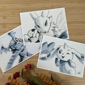 Digital Monster Tamers 5x7 Prints - Red Dino Ninja Fox Cheeky Rabbit