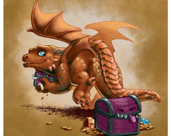 Mischief Maker - Copper Dragon Hatchling Fantasy 8x8 Print