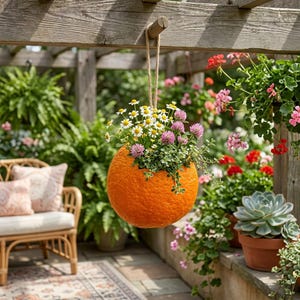 May include: An orange, spherical planter filled with a variety of flowers, including white daisies and pink clover, hangs from a wooden beam. The planter is suspended by a natural rope, creating a charming garden accent. The background features lush greenery and other potted plants.