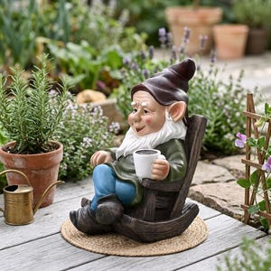 Könnte beinhalten: Eine Gartenzwerg-Statue sitzt in einem hölzernen Schaukelstuhl und hält eine weiße Tasse. Der Zwerg trägt einen braunen Hut, eine grüne Jacke, blaue Hosen und schwarze Stiefel. Die Statue steht auf einer runden, gewebten Matte, mit Pflanzen und einer Gießkanne im Hintergrund.