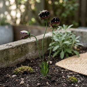 Può includere: Scultura da giardino in metallo raffigurante tre piante carnivore stilizzate con bocche aperte e denti affilati. Le piante hanno steli e foglie verdi, con capolini rosso scuro e verde. L'opera è ambientata in un giardino.