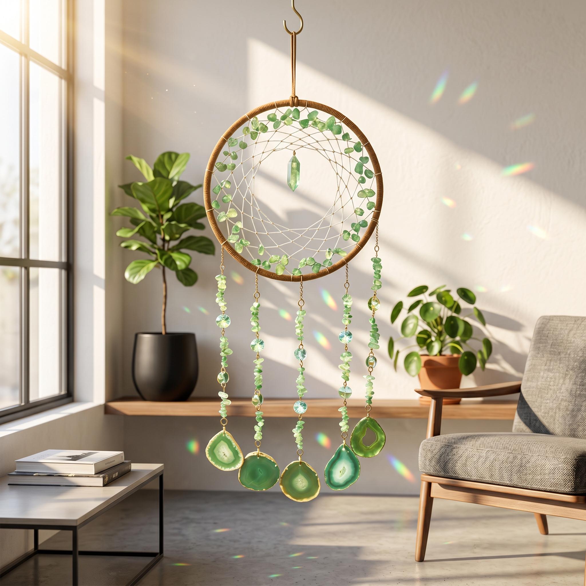 Agate Suncatcher, Dreamcatcher Window Hanging Decor, Green Crystal Boho Ornament