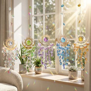 May include: Five hanging sun and moon crystal ornaments. Each has a gold-coloured sun and crescent moon design, with a large crystal in the centre. The crystals are in clear, green, purple, blue, and yellow. The ornaments hang from gold chains, in front of a window.