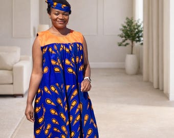 African Ankara Maxi Dress with Headwrap | Blue Orange Print Boubou Caftan
