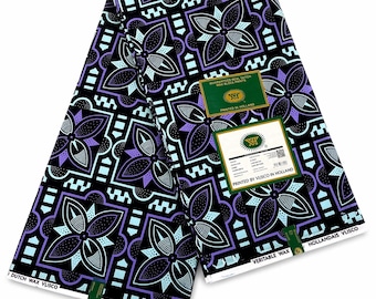 African Ankara Fabric, Black Purple Geometric Floral Dutch Wax Print, 100% Cotton by Yard