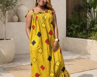 AFRICAN Ankara Maxi Dress, Geometric Print, Loose Fit, Ruffled Hem, Summer Gown