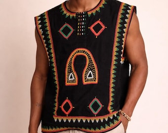 Men's Black Dashiki Top | Tribal Embroidered Sleeveless Tunic