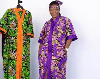 Purple Ankara Kaftan Dress with Headwrap | Handmade African Maxi Robe