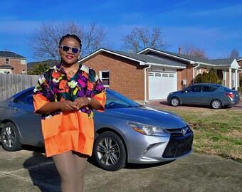 Bold Print Kaftan Top: African Style, Orange Sleeves