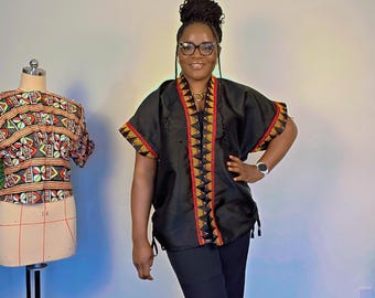 Black African Kimono Jacket | Embroidered Trim, Afrocentric Cardigan