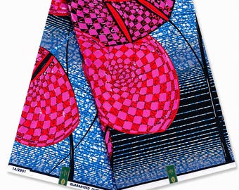Vlisco Dutch Wax Print Fabric, Pink Blue Cotton, Bold Ankara Statement Textiles