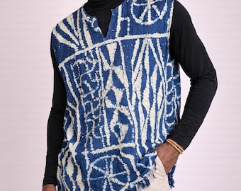 Men's African Tunic Top | Blue Tribal Pattern Sleeveless Shirt