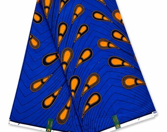 Vlisco Dutch Wax Print Fabric, Blue Orange Teardrop Cotton by Yard