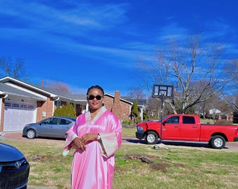 Pink Satin Kaftan Maxi Dress, Elegant Lounge Gown
