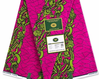 Vlisco Dutch Wax Print Fabric, Hot Pink Green Ornamental Cotton by Yard