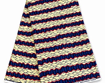 African Ankara Fabric, Cream Blue Red Wave Print Cotton by Yard