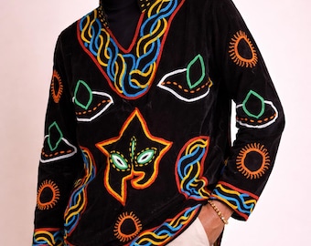 Men's Black Velvet Embroidered Shirt | African Tribal Tunic